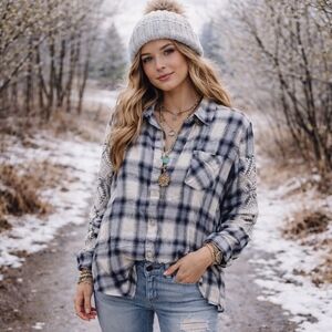 Stetson Boho Western Plaid Button Up Shirt Embroidered Sleeves Cotton Feel